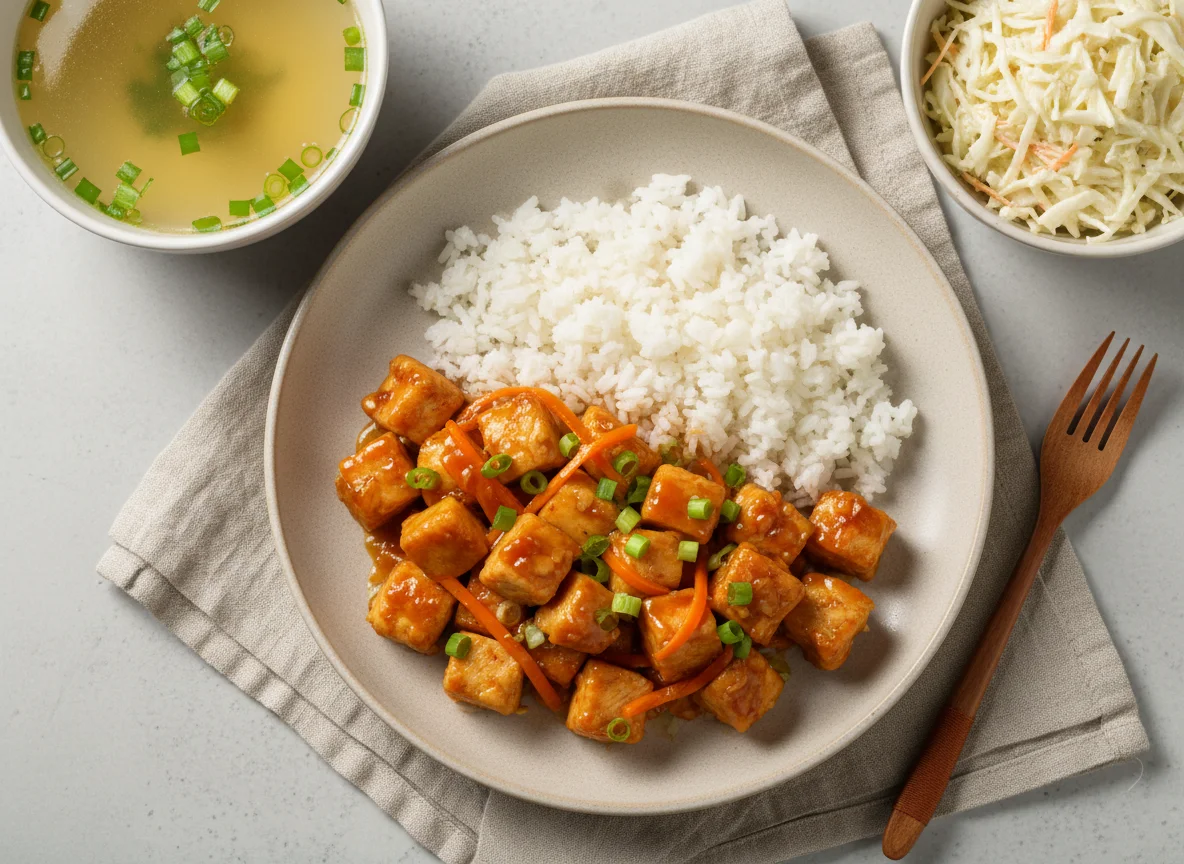 Курица в кисло-сладком соусе с рисом, салатом и супом photo