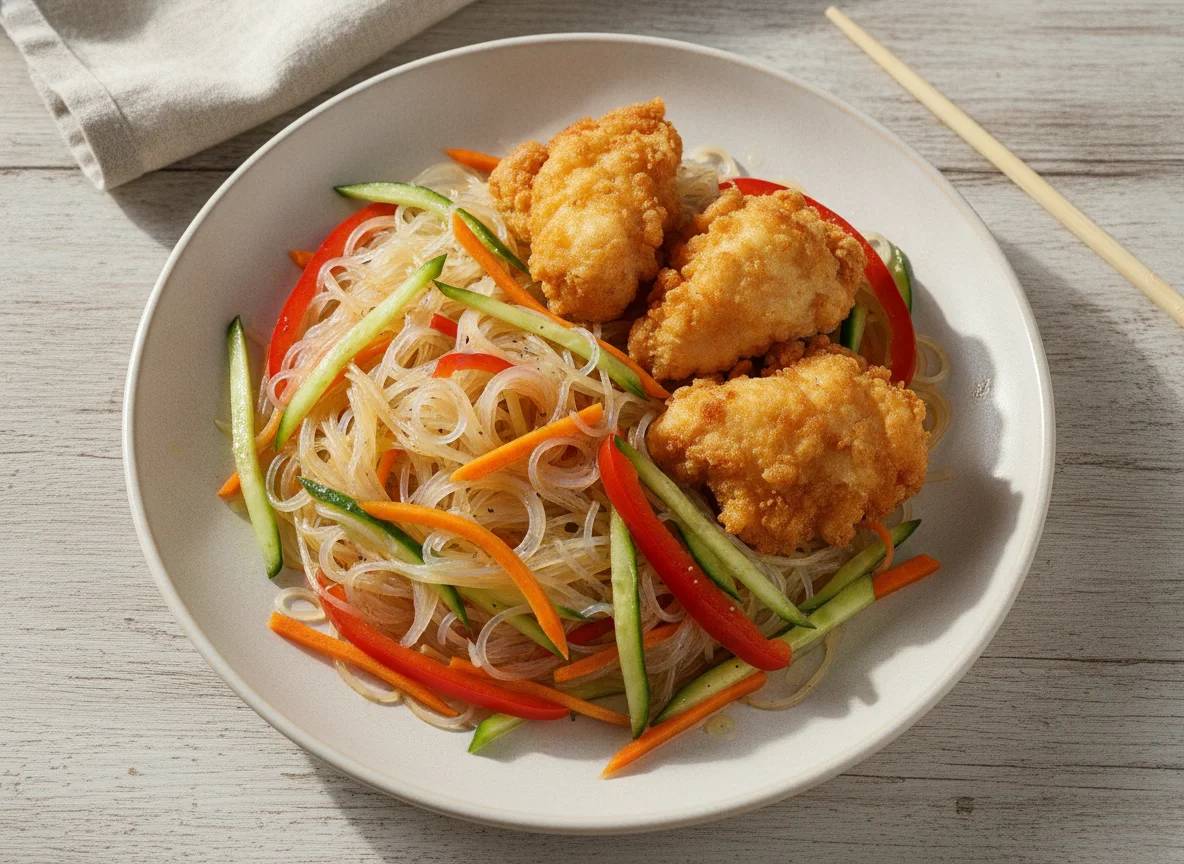 Курица в кляре с фунчозой и овощами photo