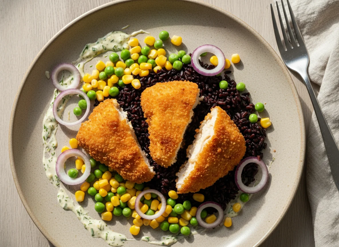 Курица в панировке с черным рисом и овощами photo