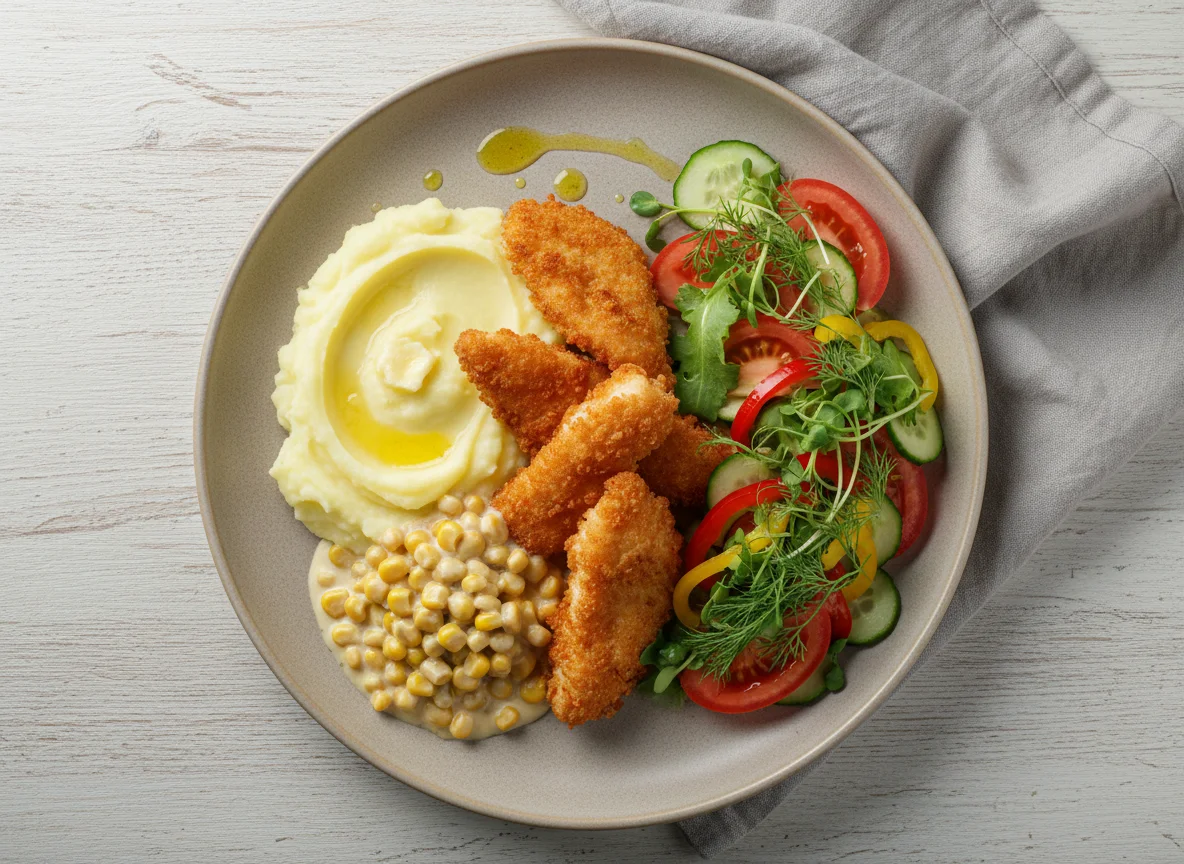 Курица в панировке с картофельным пюре и овощным салатом photo