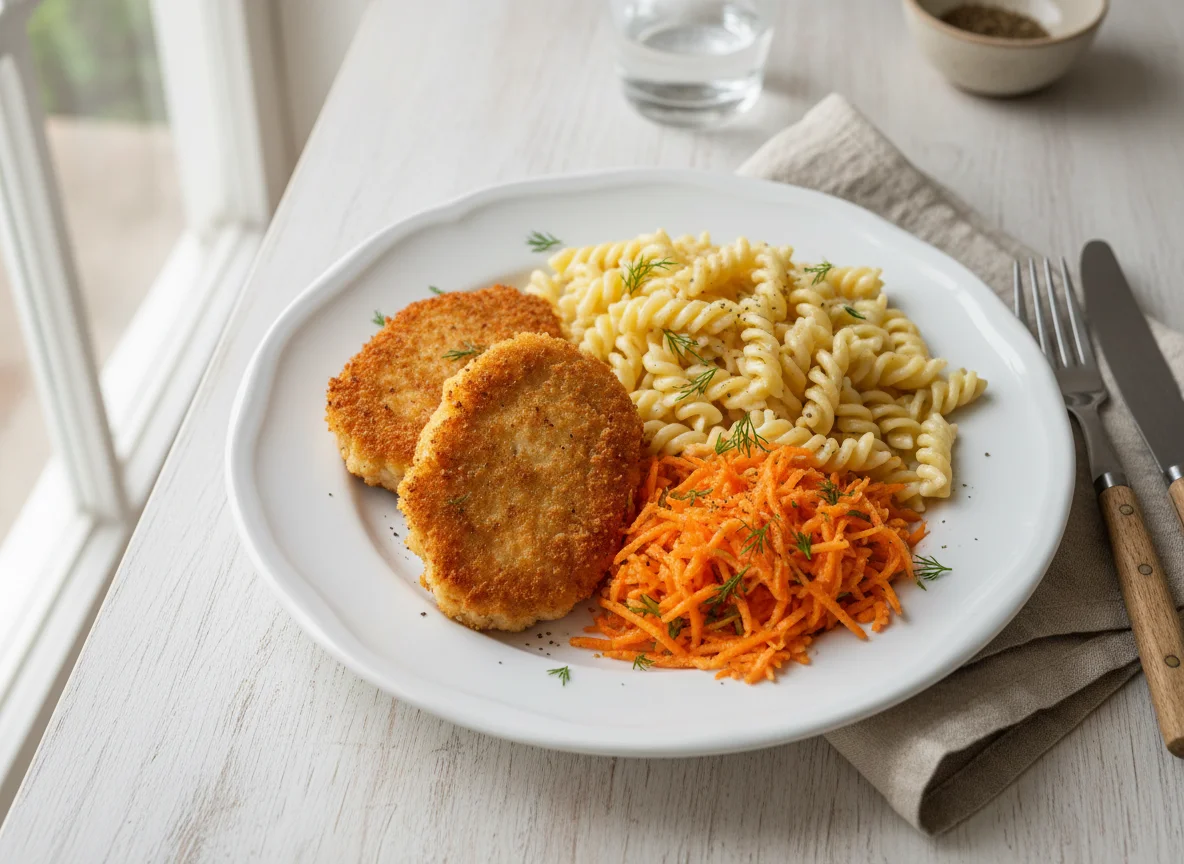 Курица в панировке с макаронами и морковным салатом photo