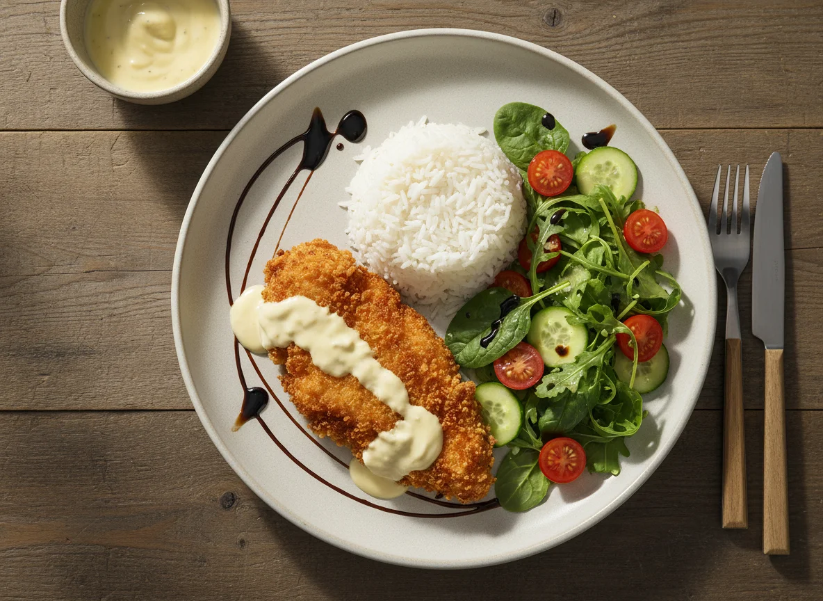 Курица в панировке с рисом и салатом photo