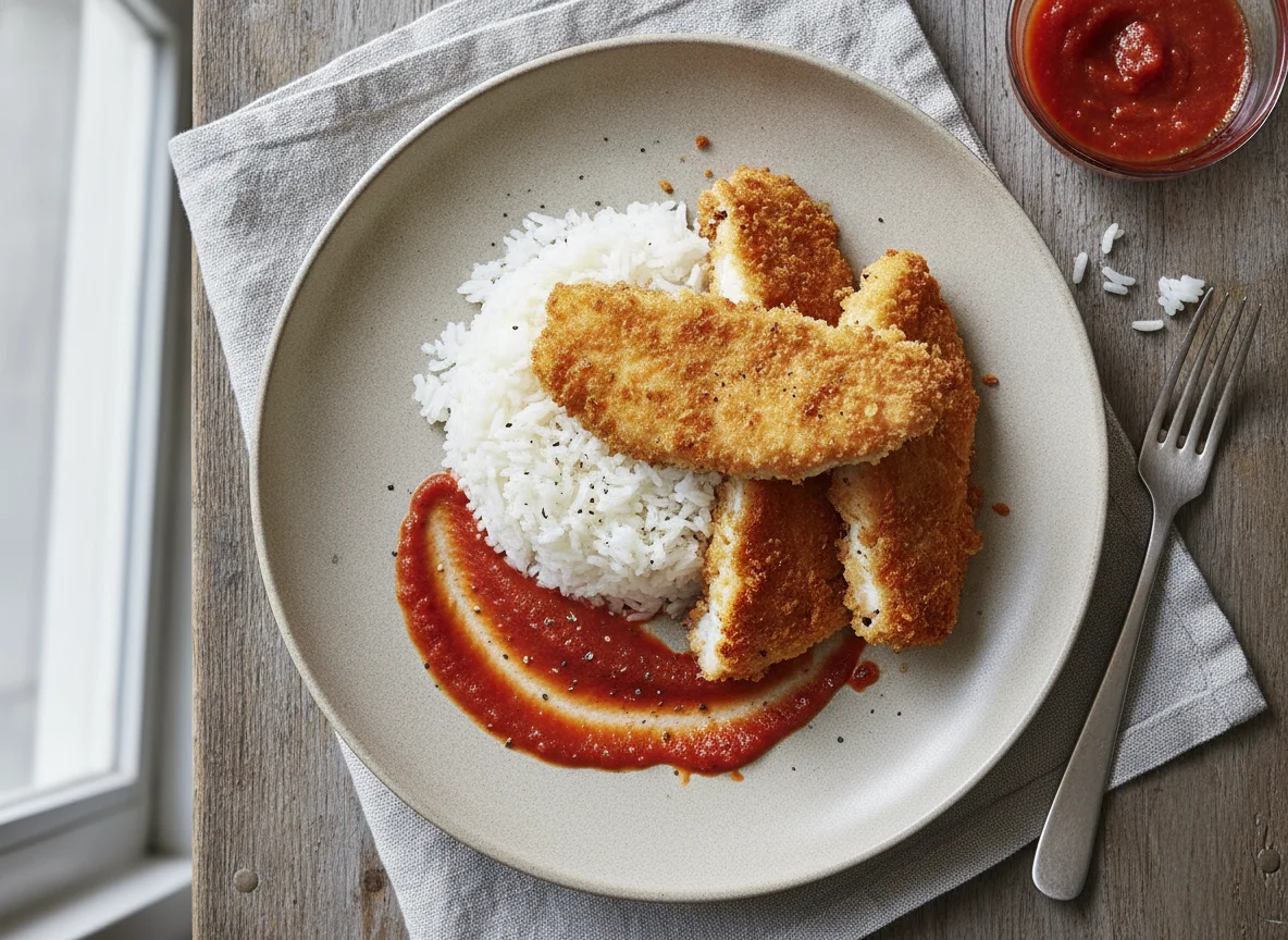 Курица в панировке с рисом и соусом photo