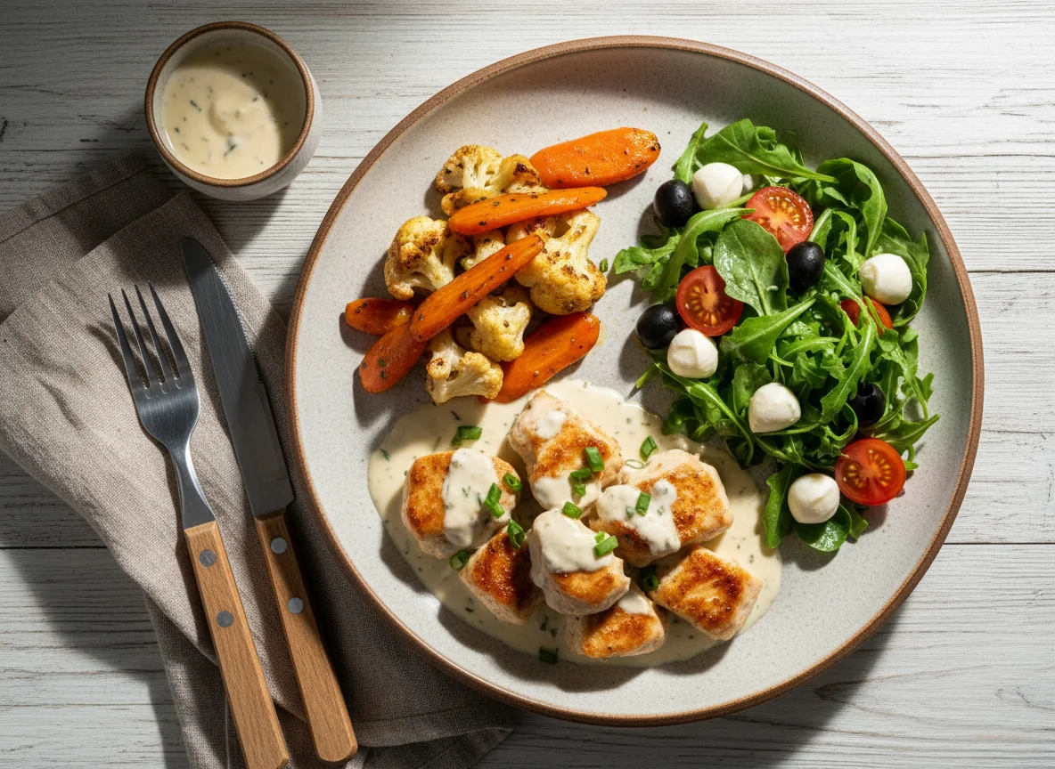 Курица в сливочном соусе с гарниром и салатом photo