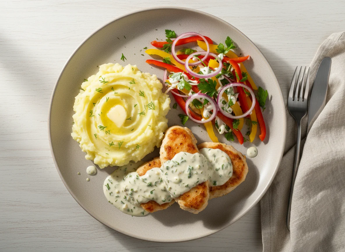 Курица в сливочном соусе с картофельным пюре и овощным салатом photo