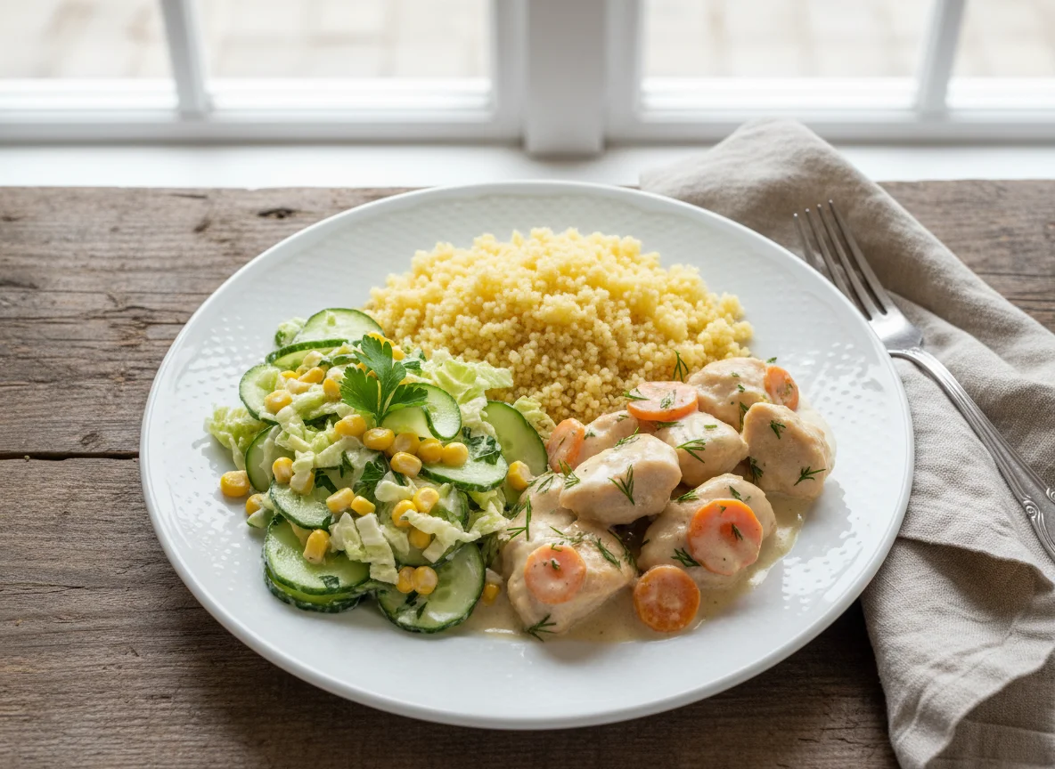 Курица в сливочном соусе с кускусом и огуречным салатом photo