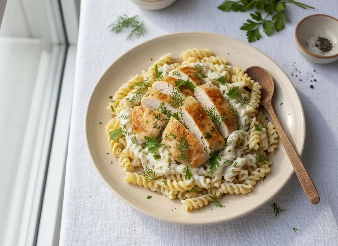 Курица в сливочном соусе с макаронами photo