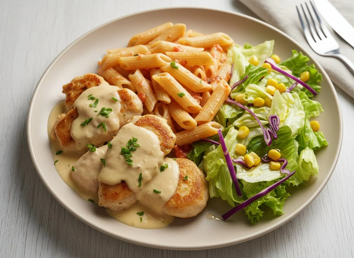 Курица в сливочном соусе с пастой и салатом photo