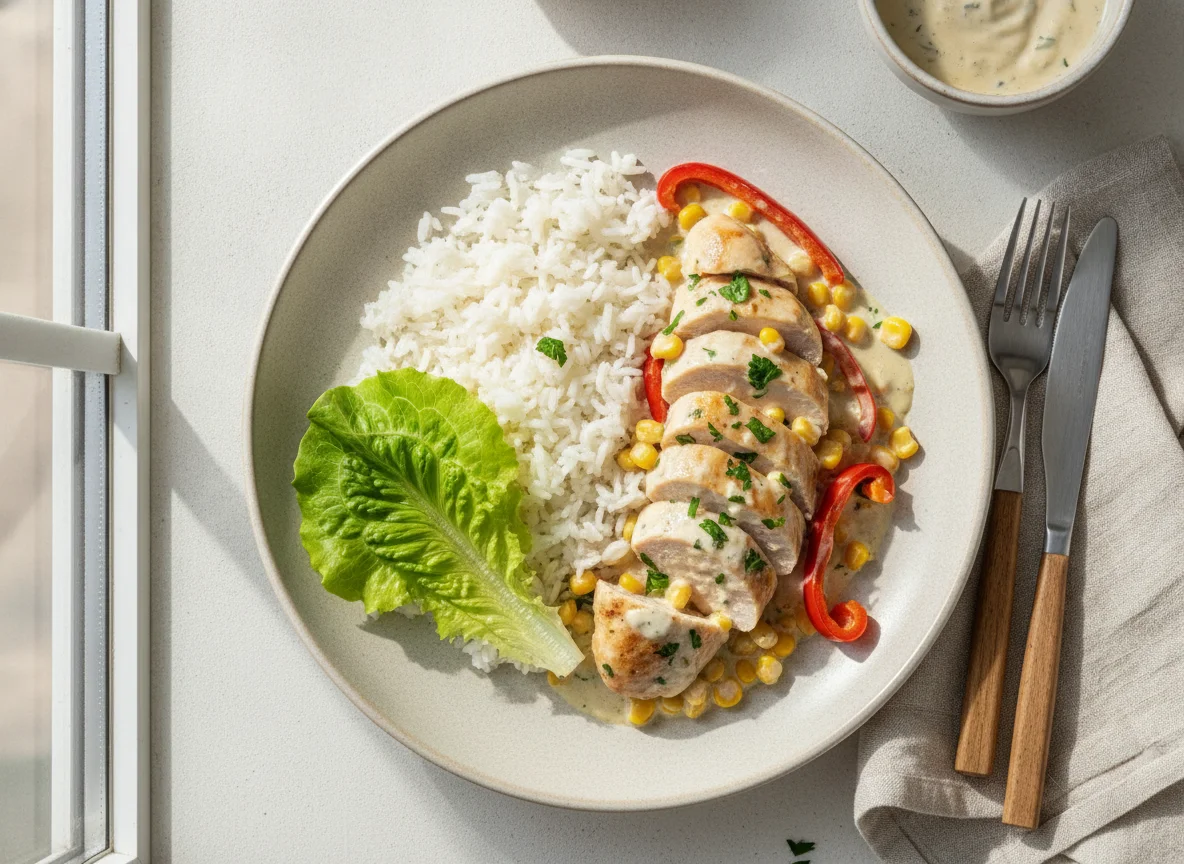 Курица в сливочном соусе с рисом и кукурузой photo