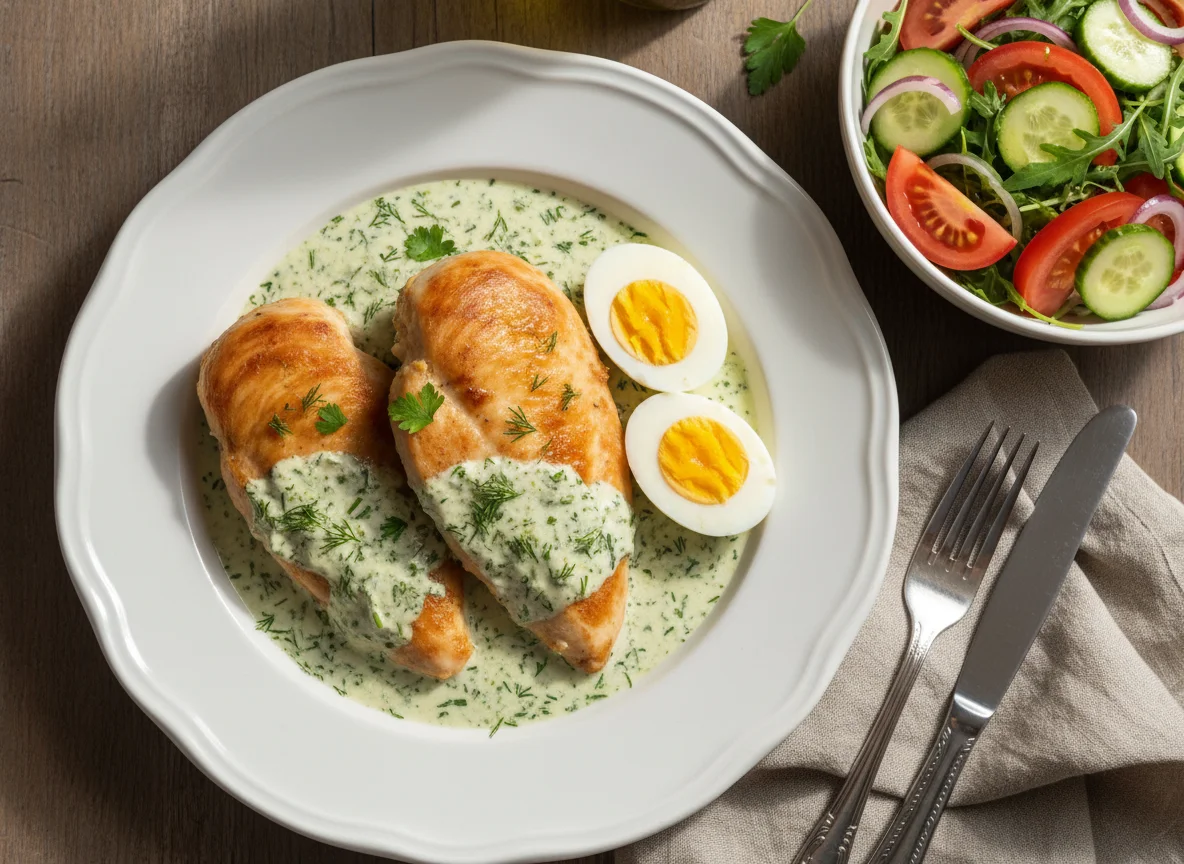 Курица в соусе с яйцами и овощным салатом photo