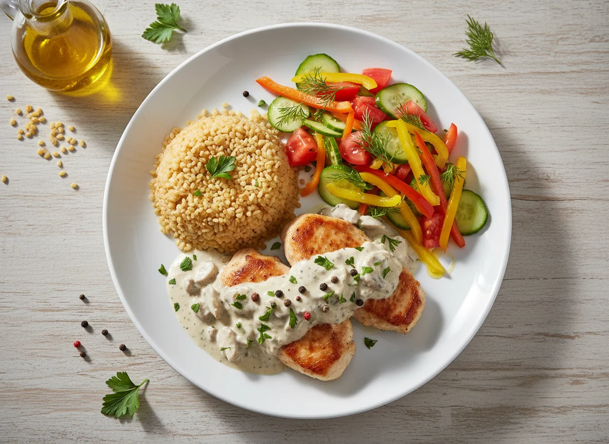 Курица в соусе с булгуром и овощным салатом photo