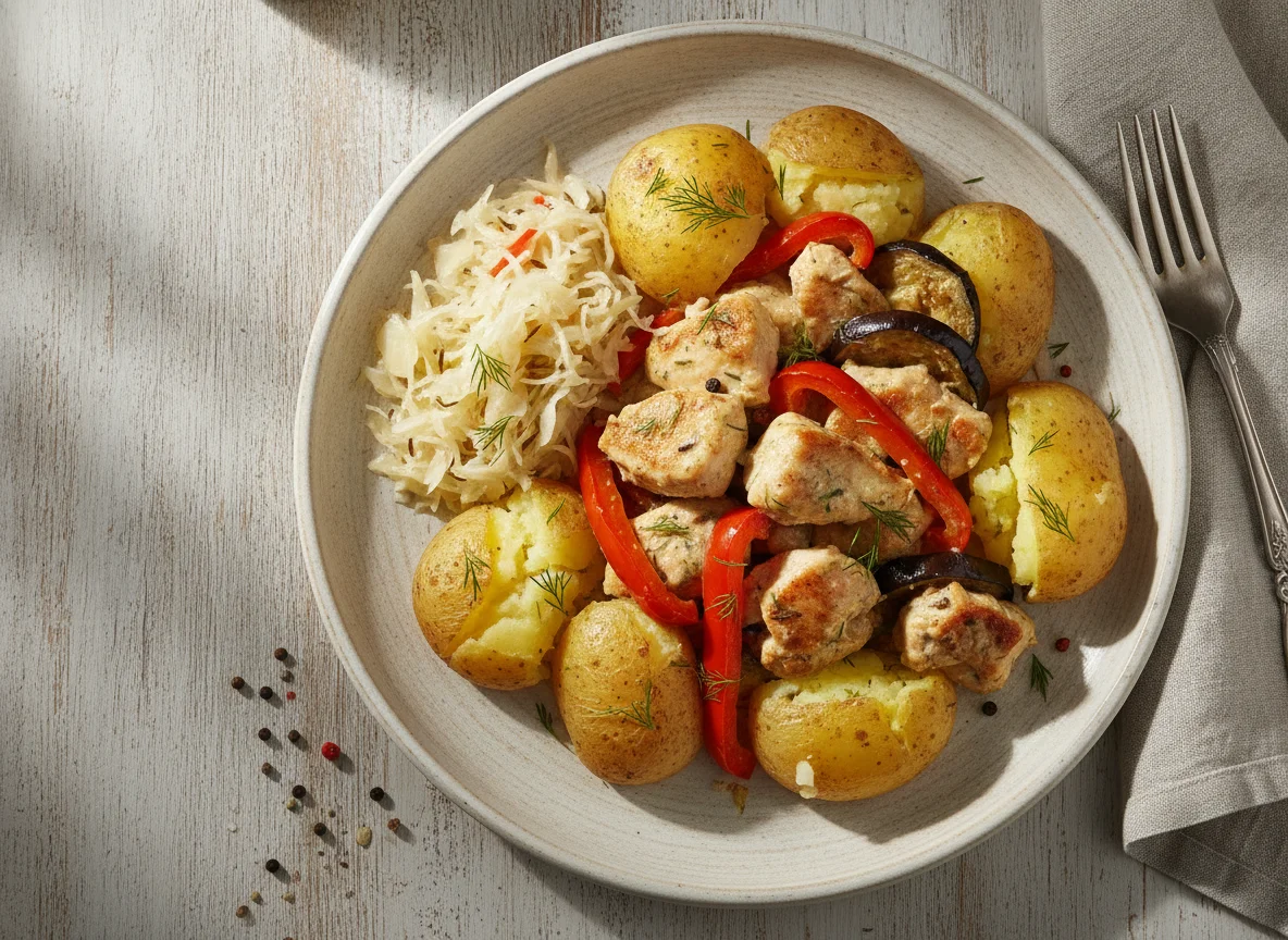 Курица в соусе с картофелем и квашеной капустой photo