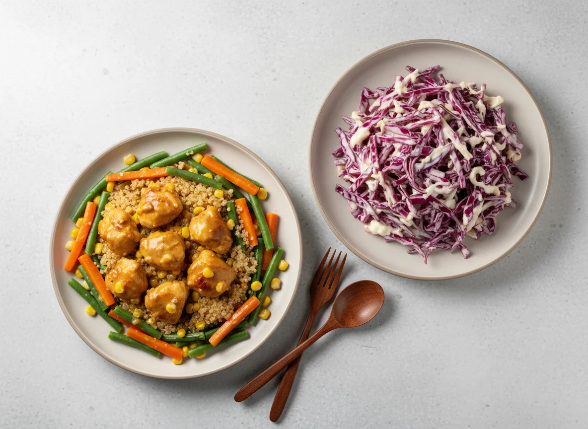 Курица в соусе с киноа и овощами, и салат из краснокочанной капусты photo