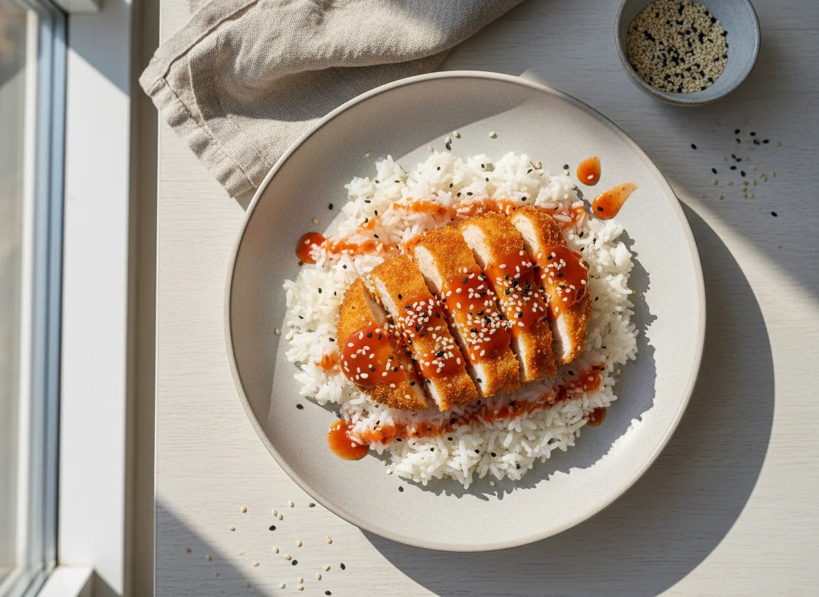 Курица в соусе с рисом и кунжутом photo