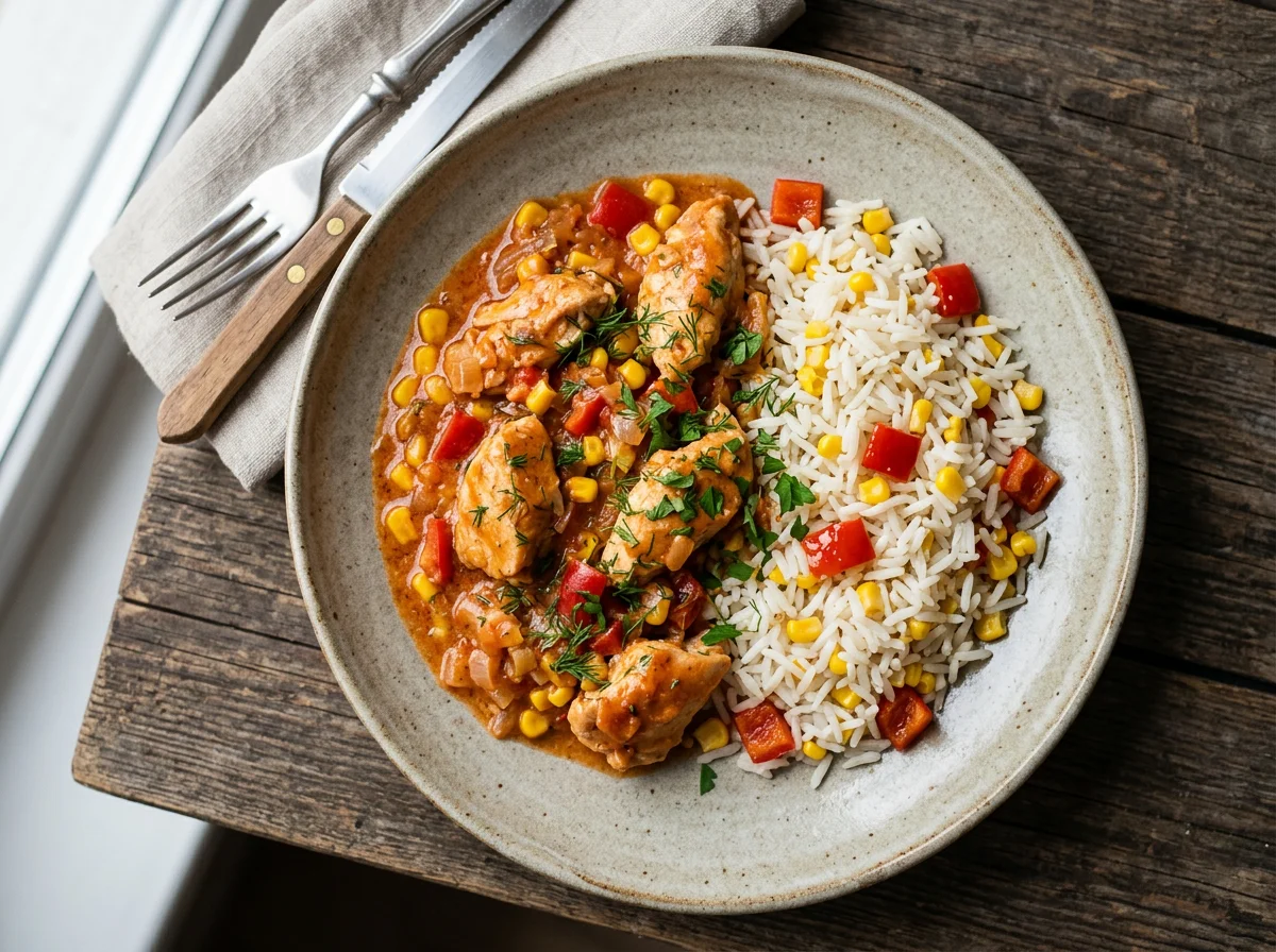 Курица в соусе с рисом и овощами photo