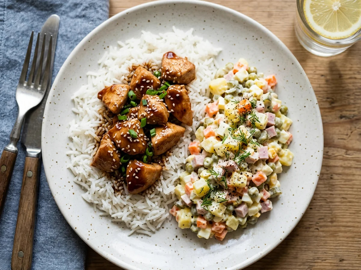 Курица в соусе с рисом и салат Оливье photo