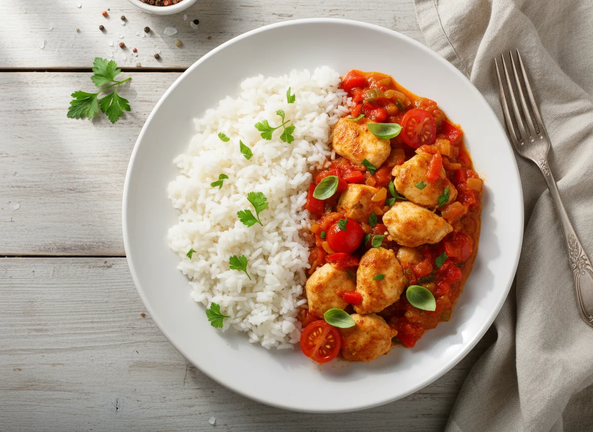 Курица в томатном соусе с рисом photo