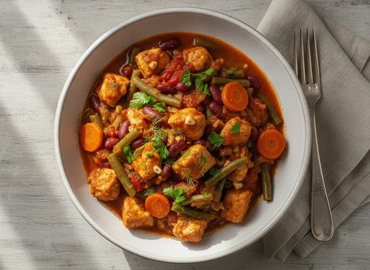 Курица в томатном соусе со стручковой фасолью и бобами photo