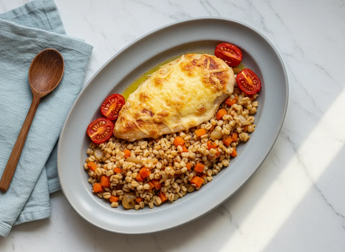 Курица запеченная с сыром и гарнир из крупы photo