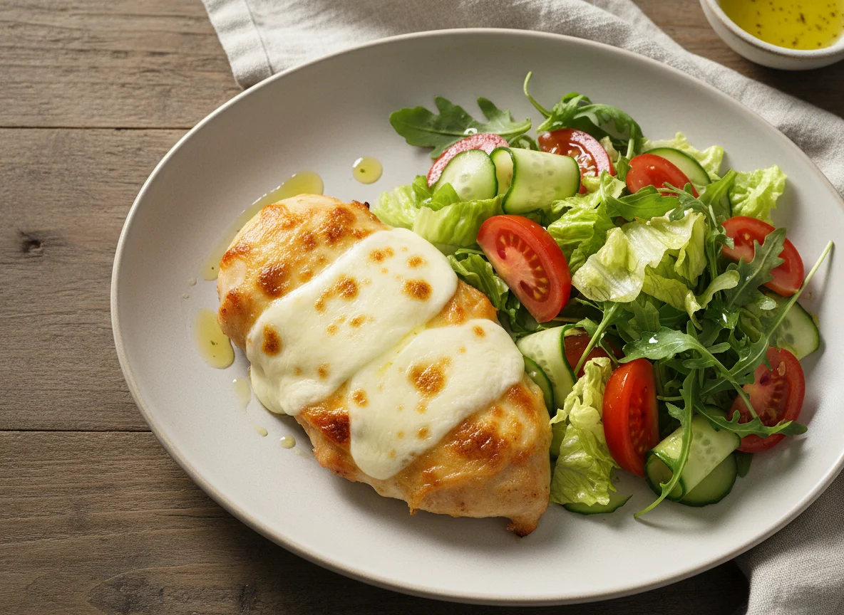 Курица запеченная с сыром и овощной салат photo