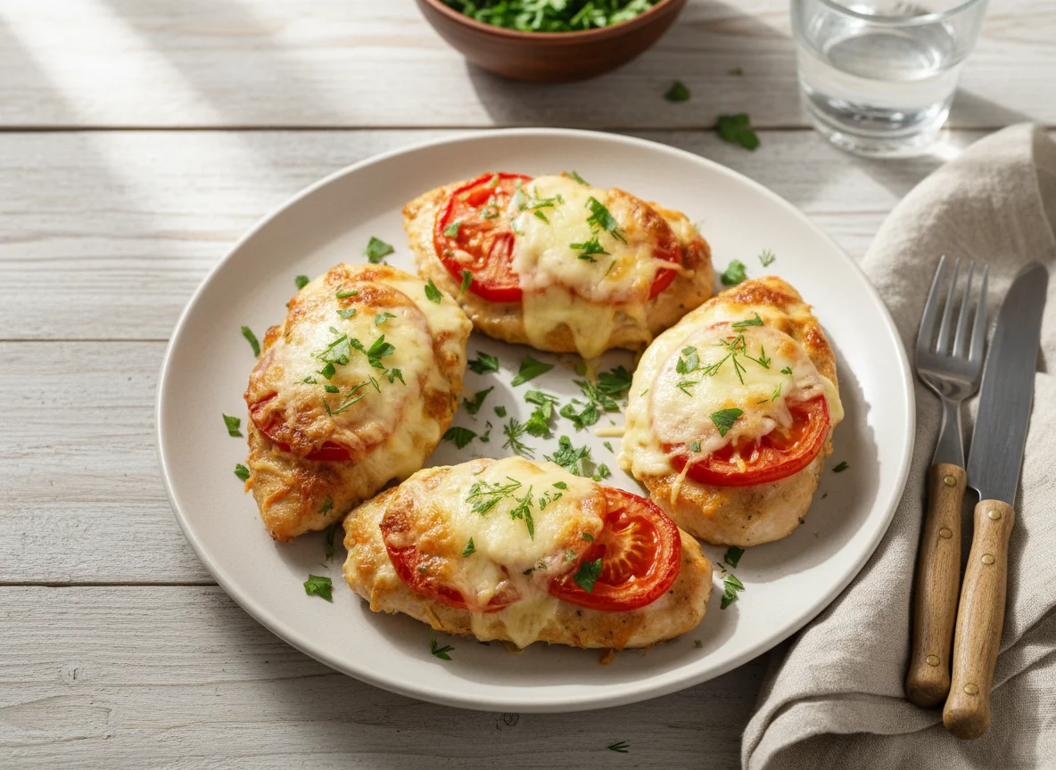 Курица запеченная с сыром и помидорами photo