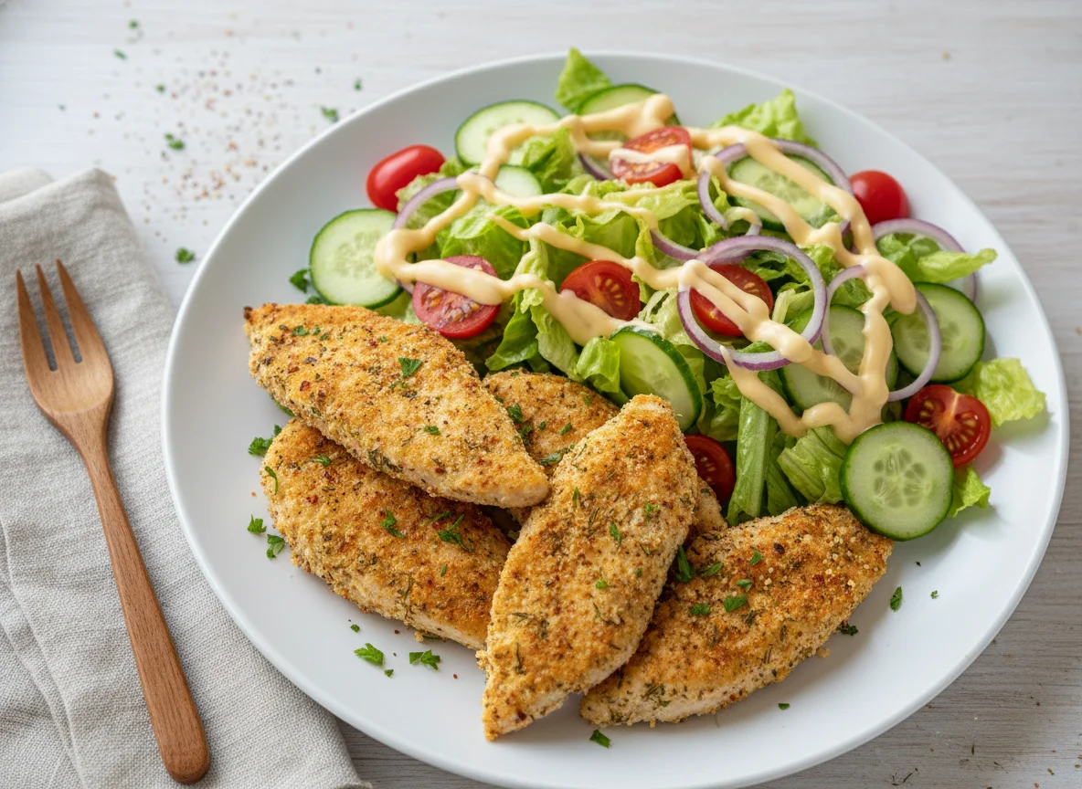 Курица жаренная в муке и специях, овощной салат с сырным соусом photo