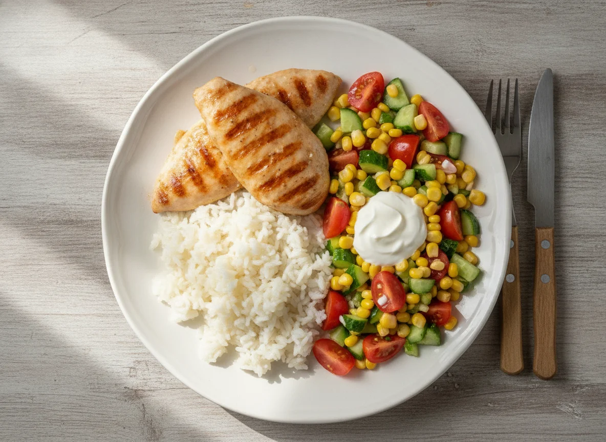 Курица-гриль с рисом и овощным салатом photo