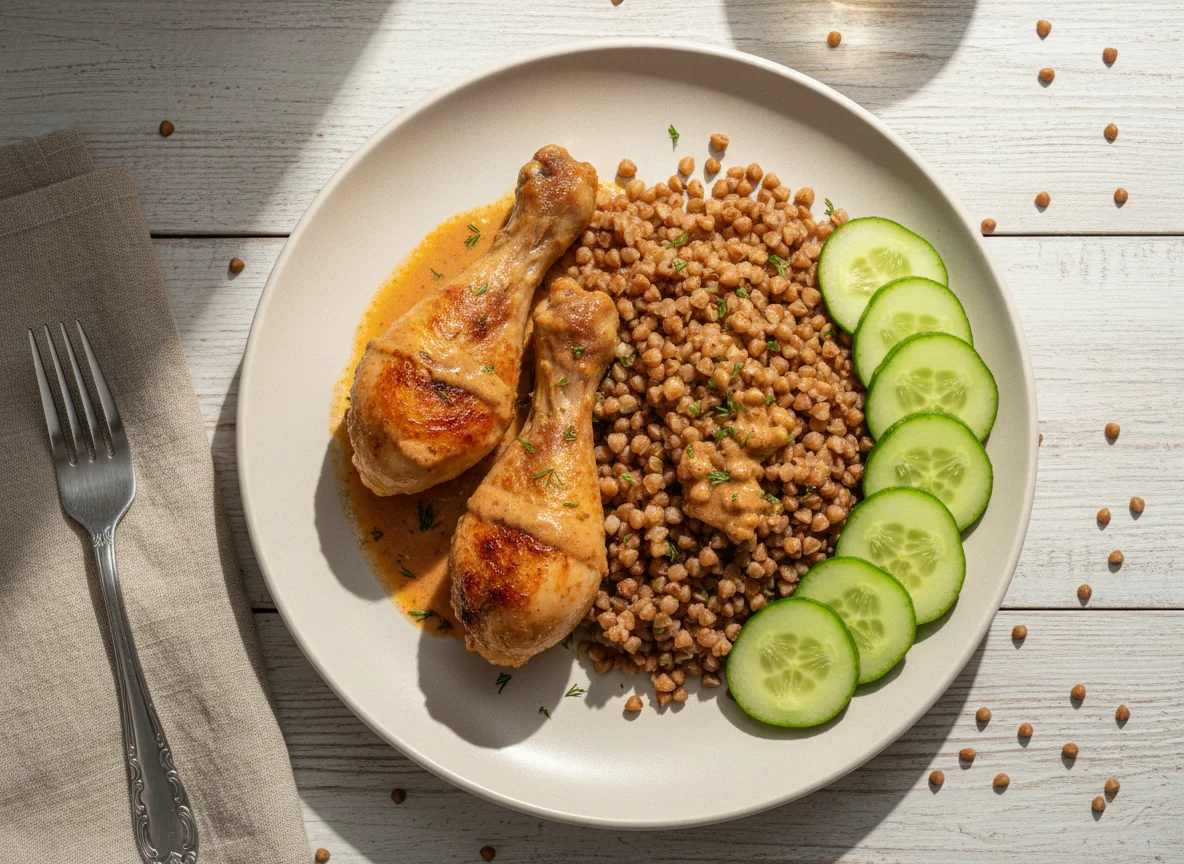 Куриная голень с гречкой и огурцами photo