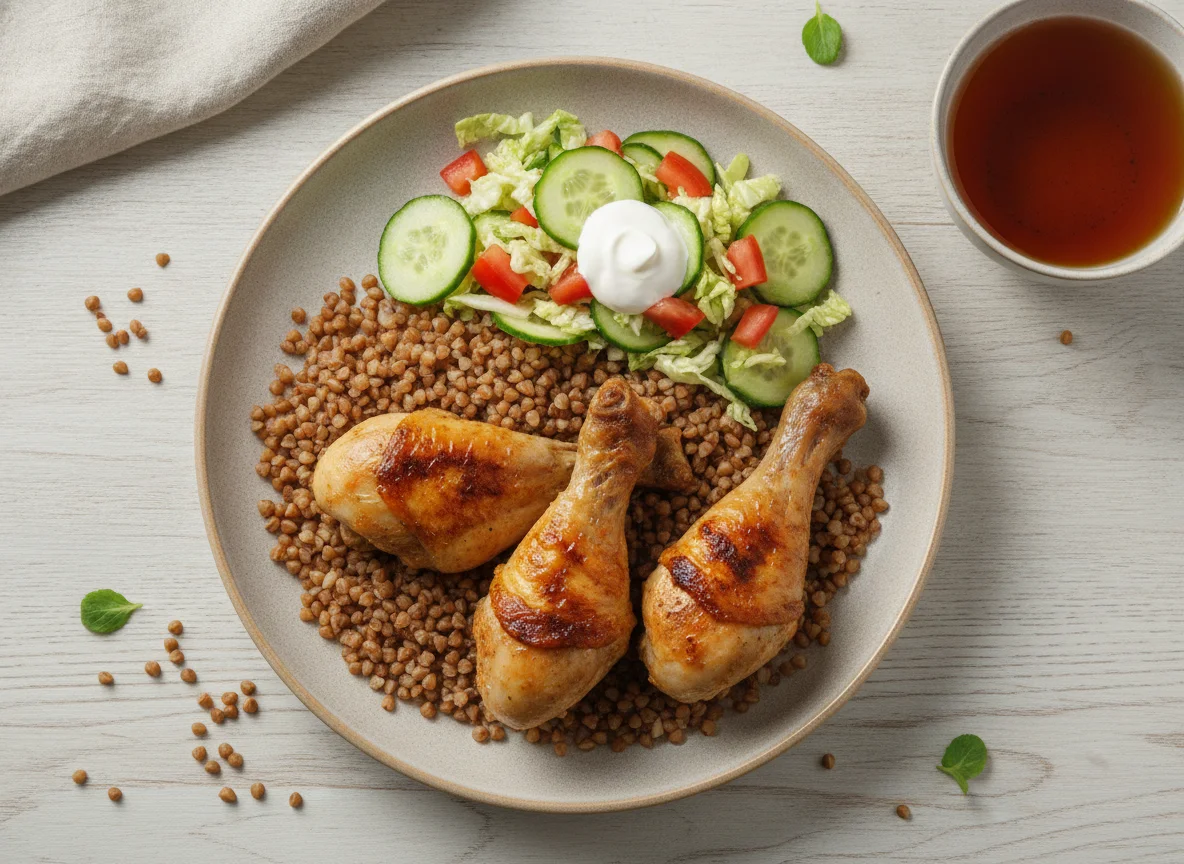 Куриная голень с гречкой и овощным салатом photo