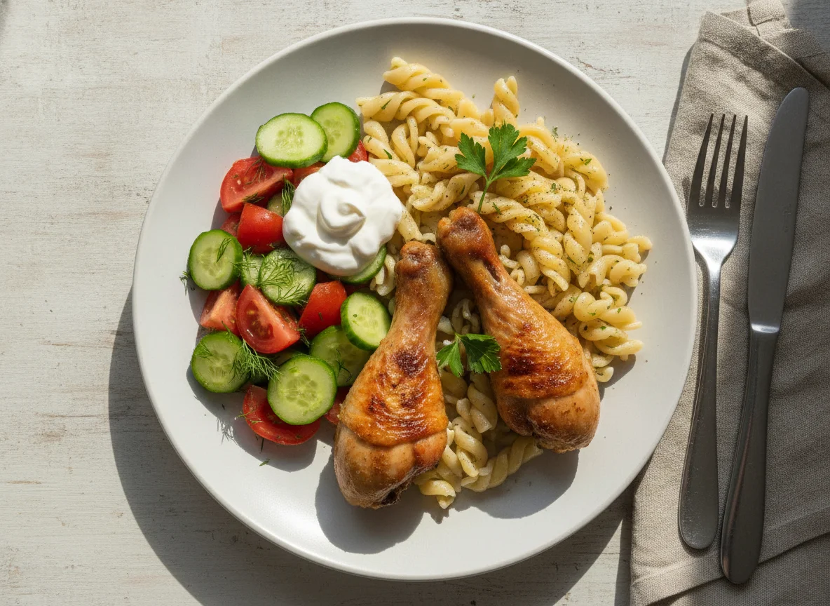 Куриная голень с макаронами и овощным салатом photo