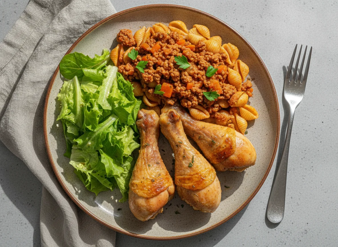 Куриная голень с макаронами и салатом photo