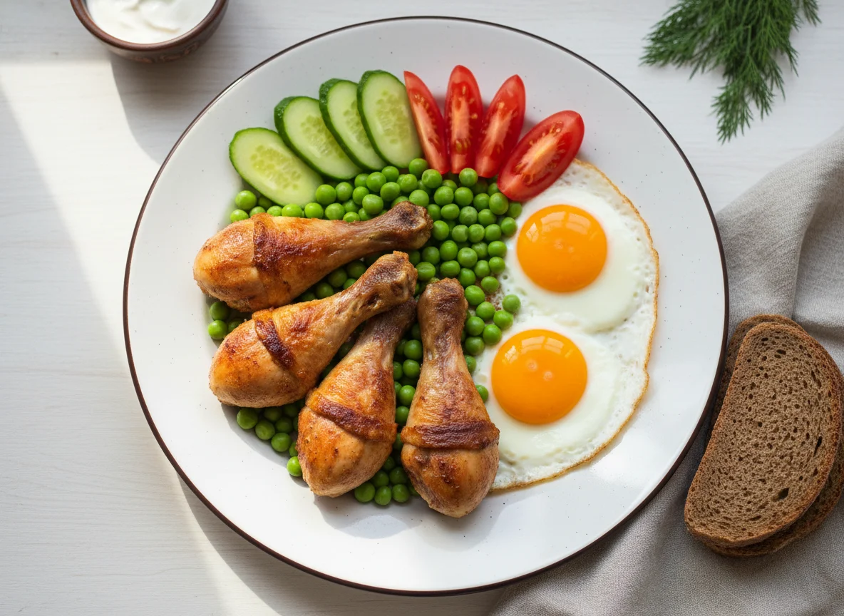 Куриная голень с овощами и хлебом photo