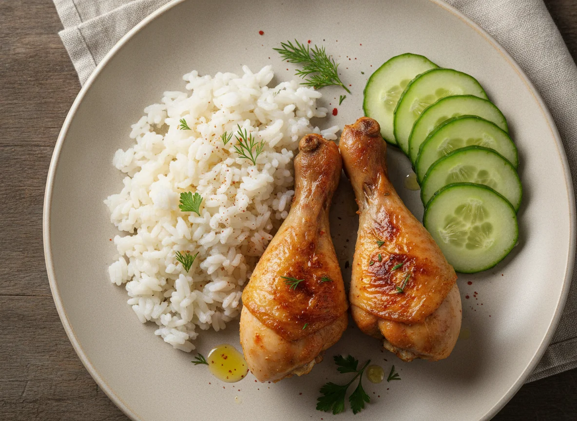Куриная голень с рисом и огурцом photo