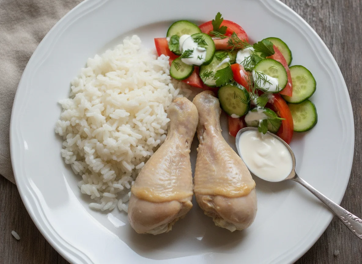 Куриная голень с рисом и овощным салатом photo