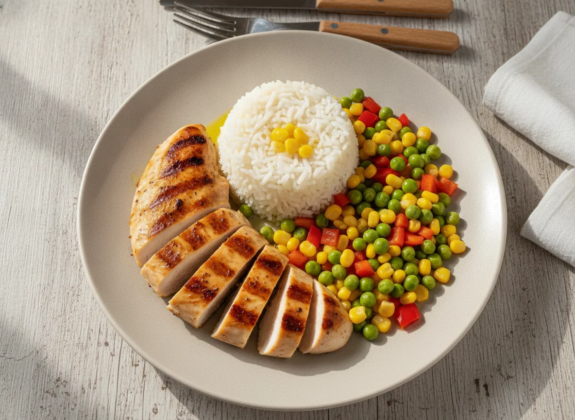 Куриная грудка на гриле с рисом и овощами photo
