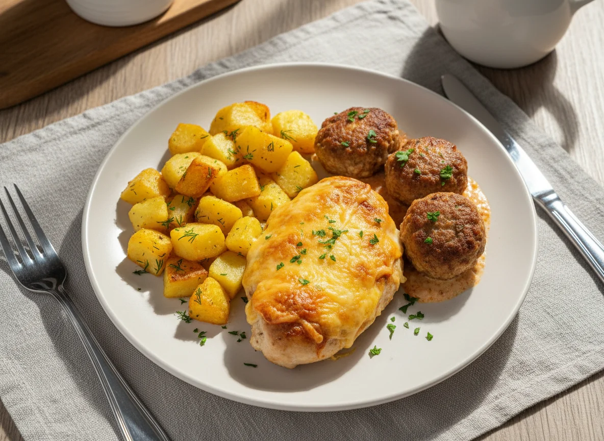 Куриная грудка под сыром, жареный картофель и тефтели photo