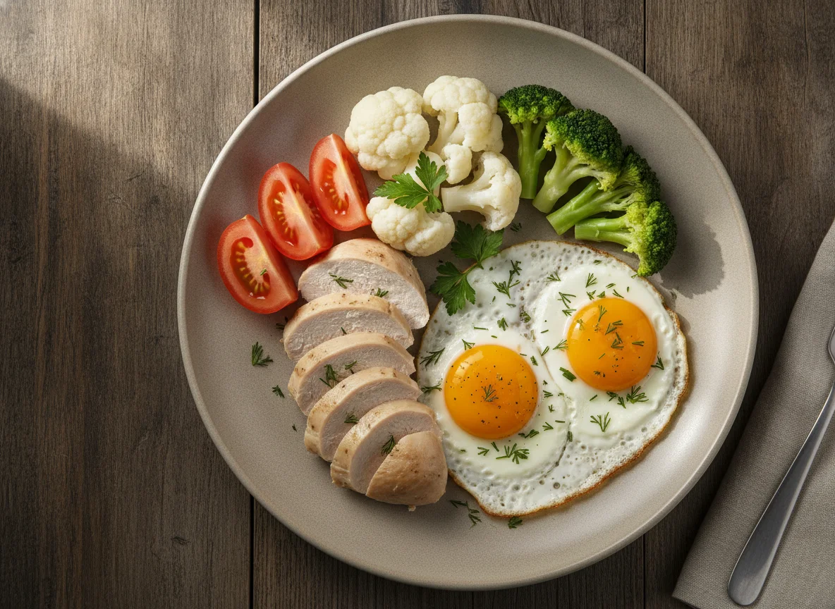 Куриная грудка с яичницей и овощами photo