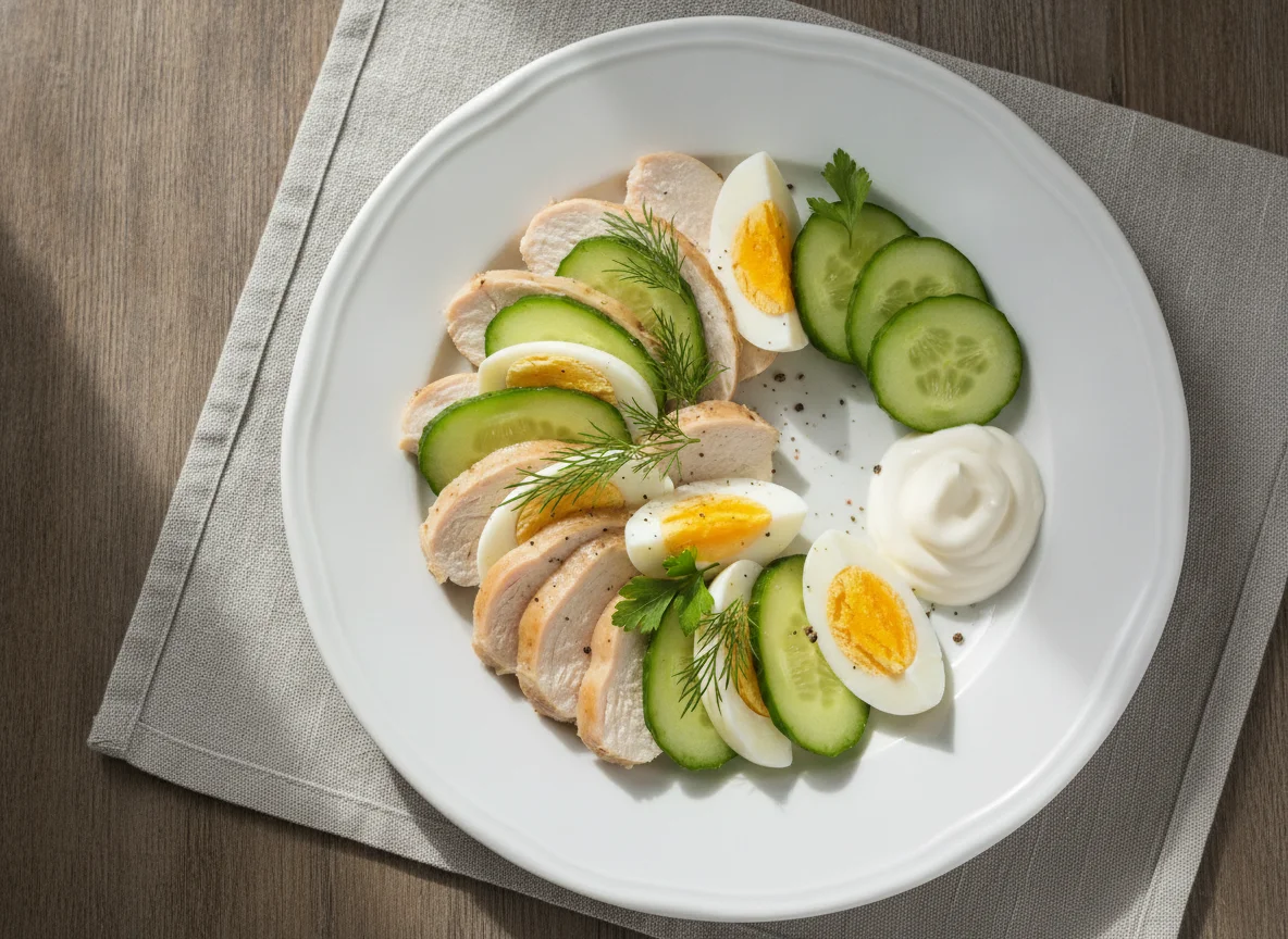 Куриная грудка с яйцами и огурцом photo