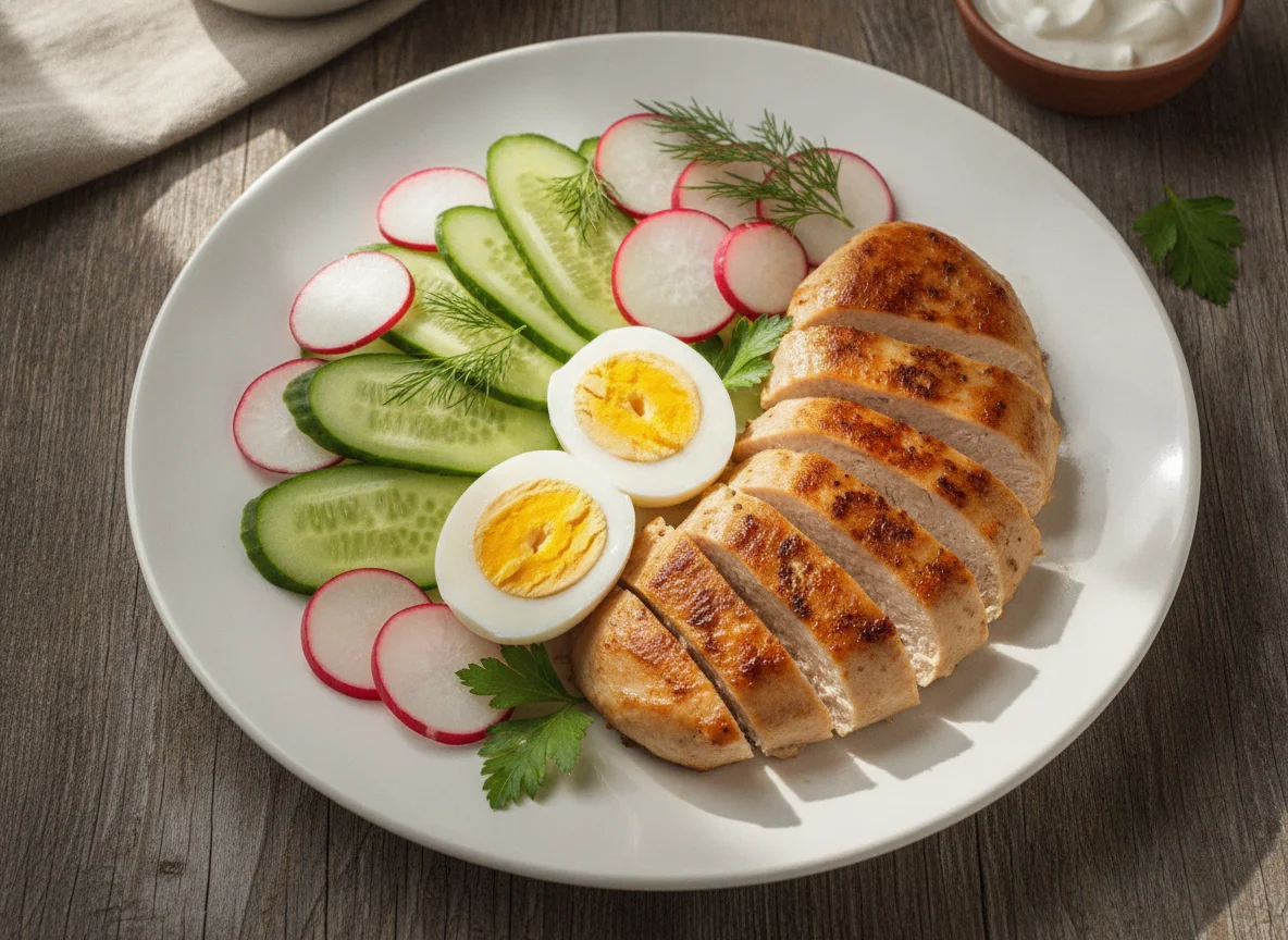 Куриная грудка с яйцами и овощами photo