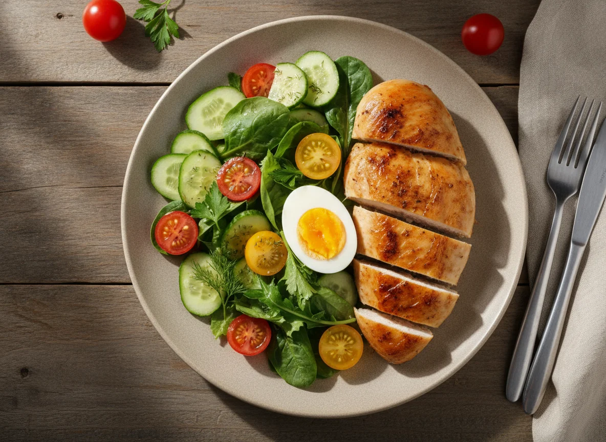 Куриная грудка с яйцом и овощным салатом photo