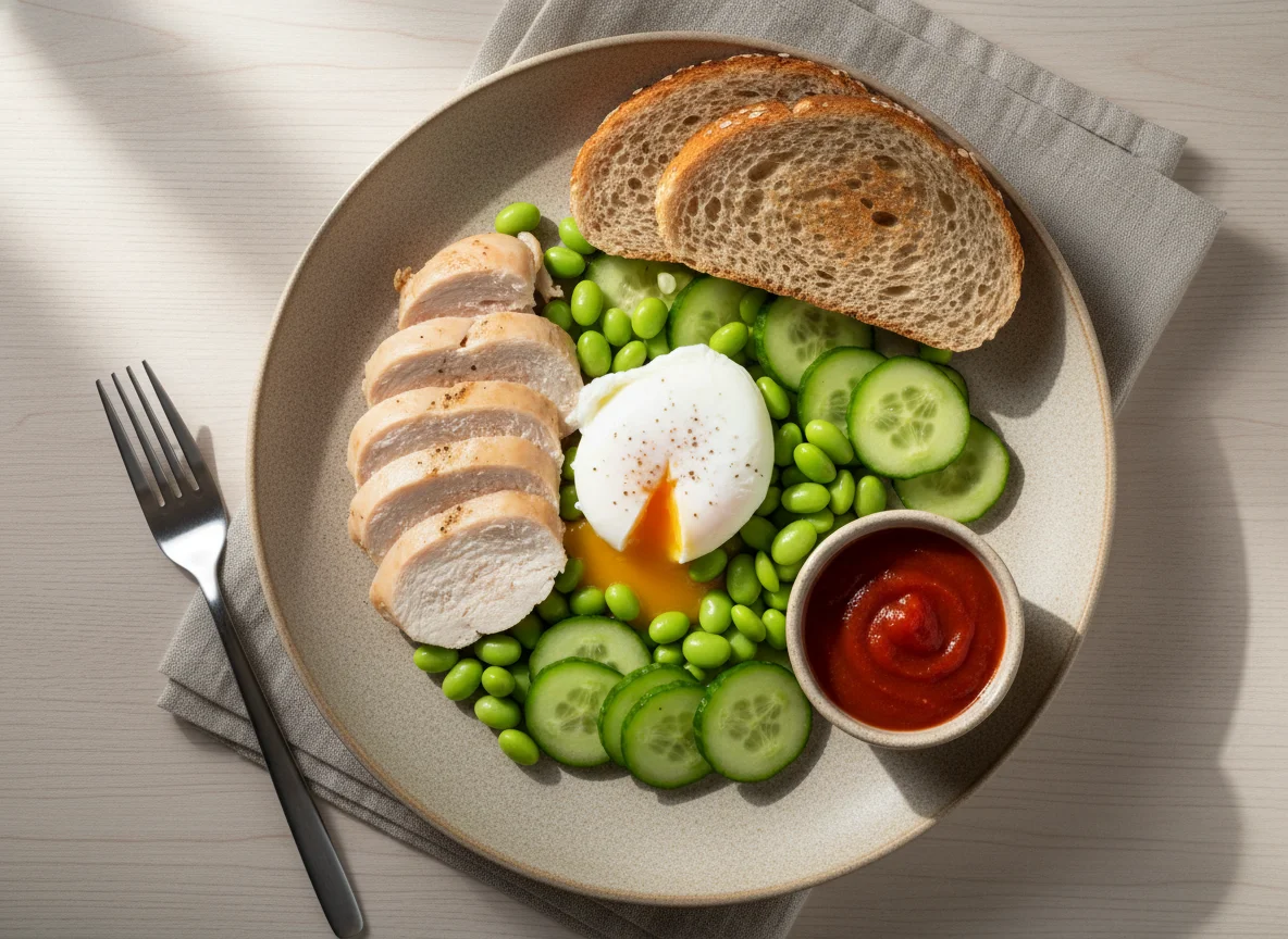Куриная грудка с яйцом пашот, бобами эдамаме и огурцом photo