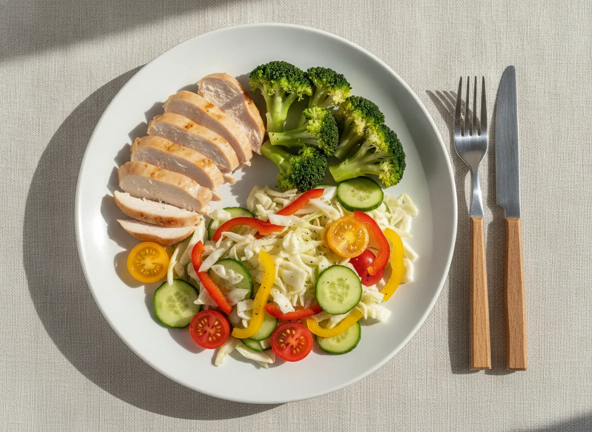 Куриная грудка с брокколи и овощным салатом photo