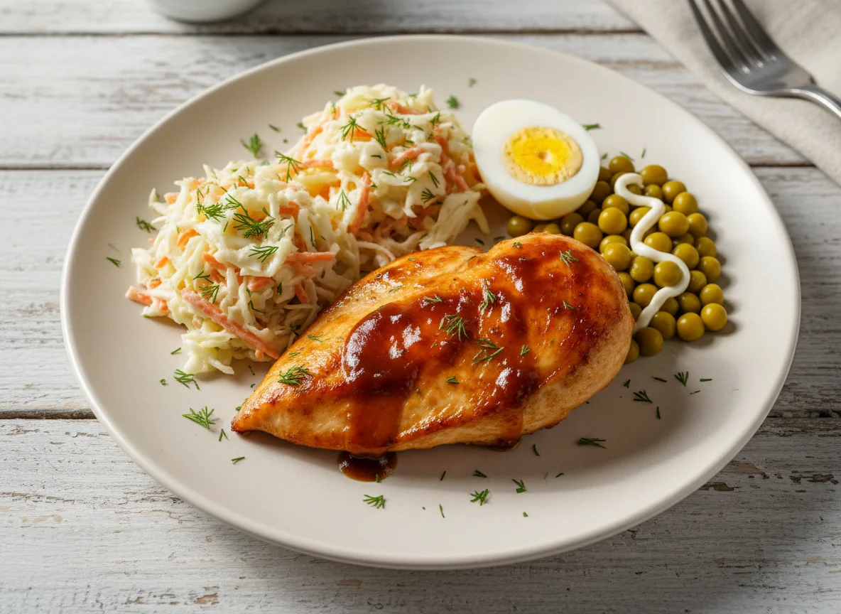 Куриная грудка с гарниром и салатами photo