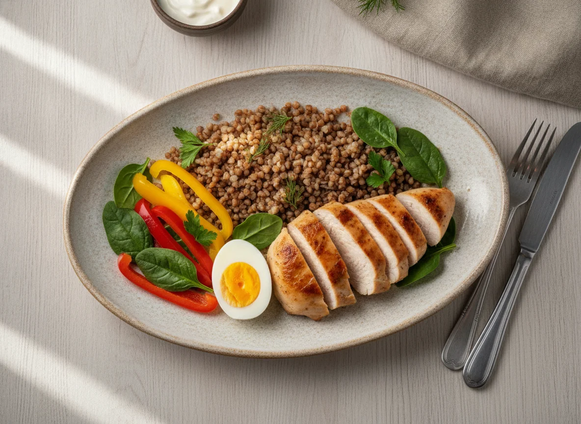 Куриная грудка с гречкой, яйцом и овощами photo