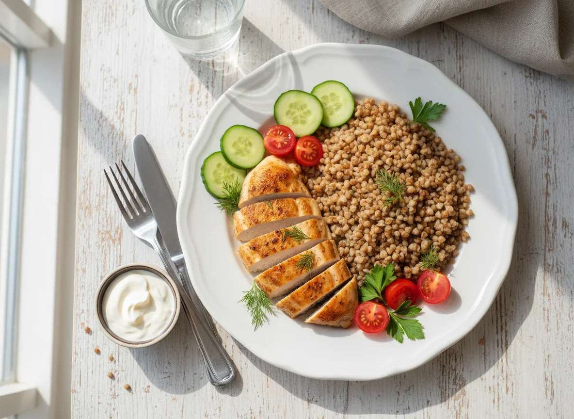 Куриная грудка с гречкой и овощами photo