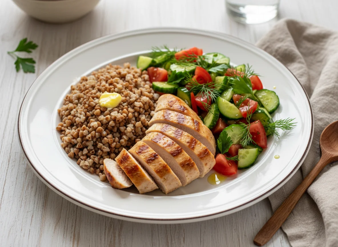 Куриная грудка с гречкой и овощным салатом photo