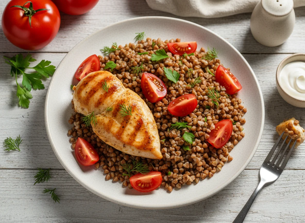 Куриная грудка с гречкой и помидорами photo