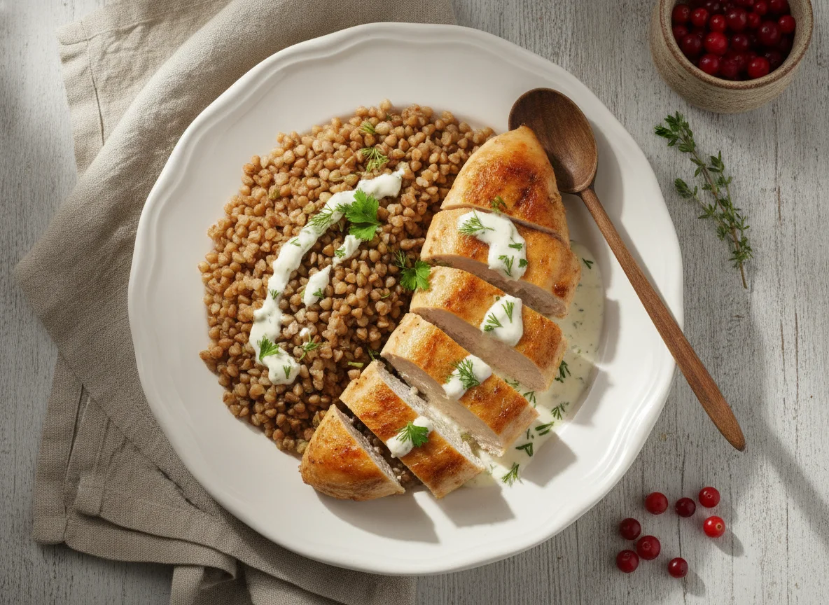 Куриная грудка с гречкой и соусом photo