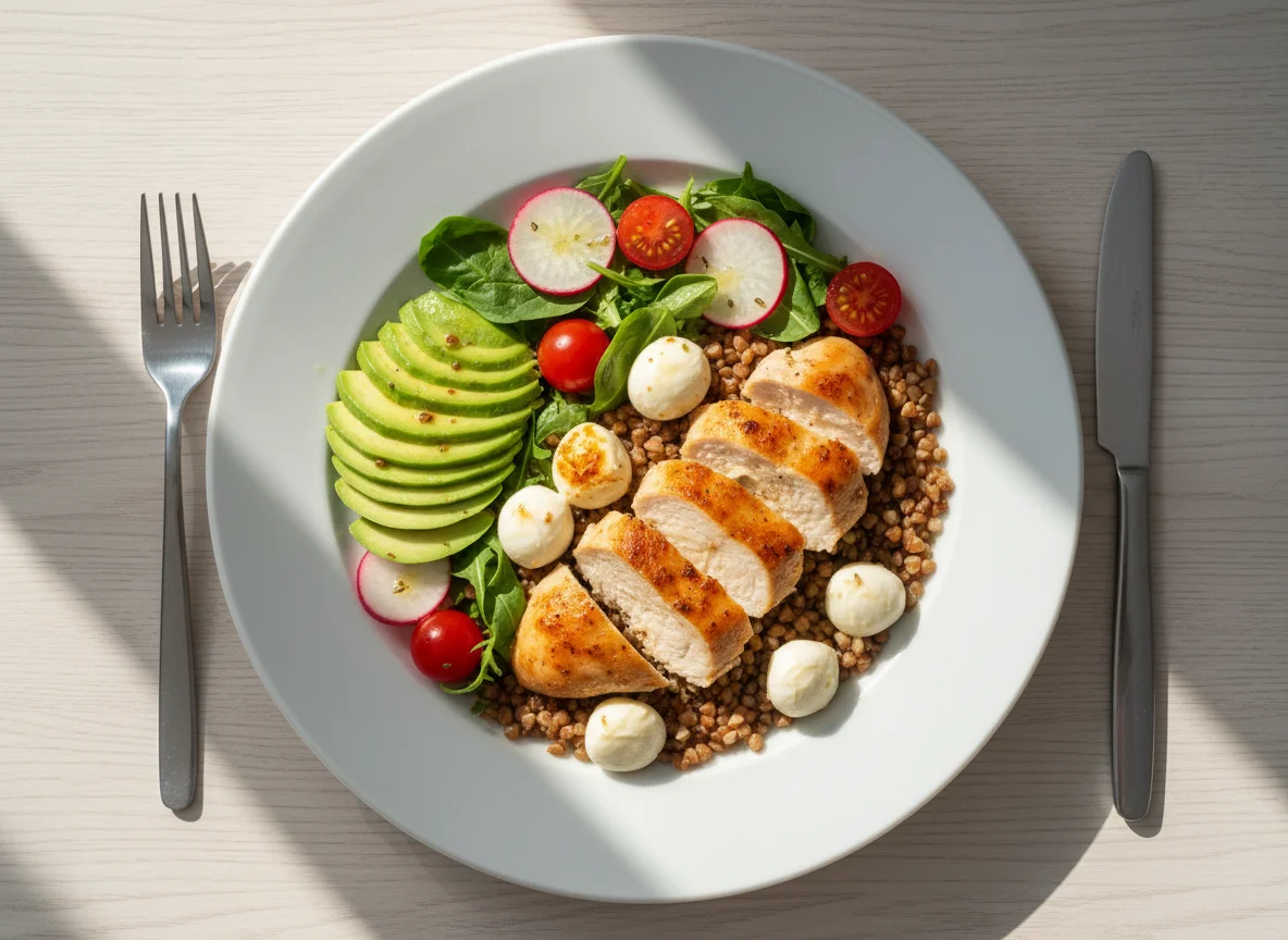 Куриная грудка с гречкой, овощами и моцареллой photo