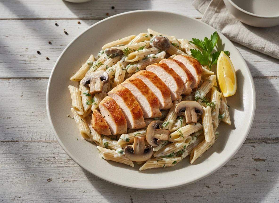 Куриная грудка с грибами и пенне photo